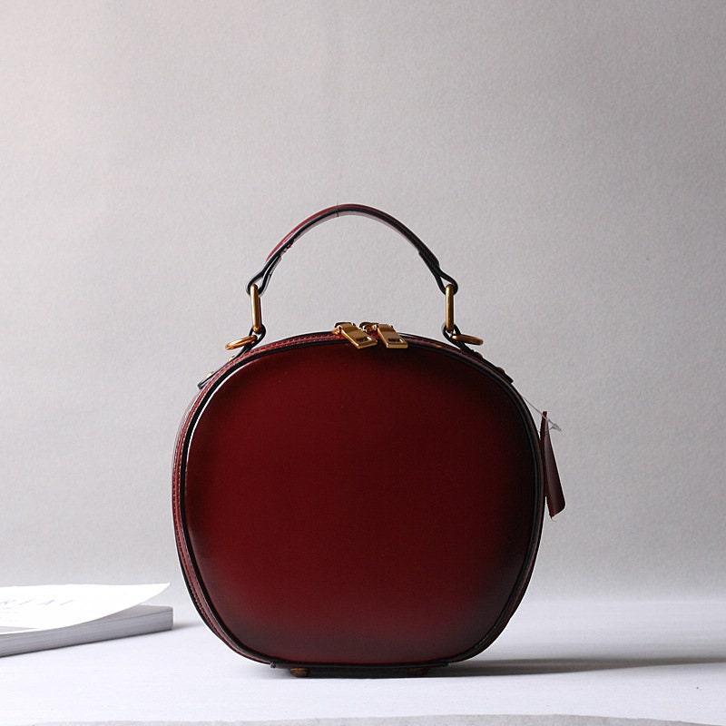 Cowhide Bags, Leather Women's Bags, Retro Bags, Shoulder Messenger Bags, Handbags, Fashionable Round Bags