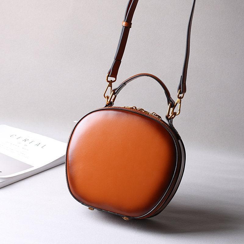 Cowhide Bags, Leather Women's Bags, Retro Bags, Shoulder Messenger Bags, Handbags, Fashionable Round Bags