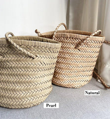 Cowhide Leather Hand Woven Bucket Bag, Open Rattan Woven Triple Jump Bamboo Ladies Hobo Holiday Bag, Weekend Basket Bag, Small Beach Bag