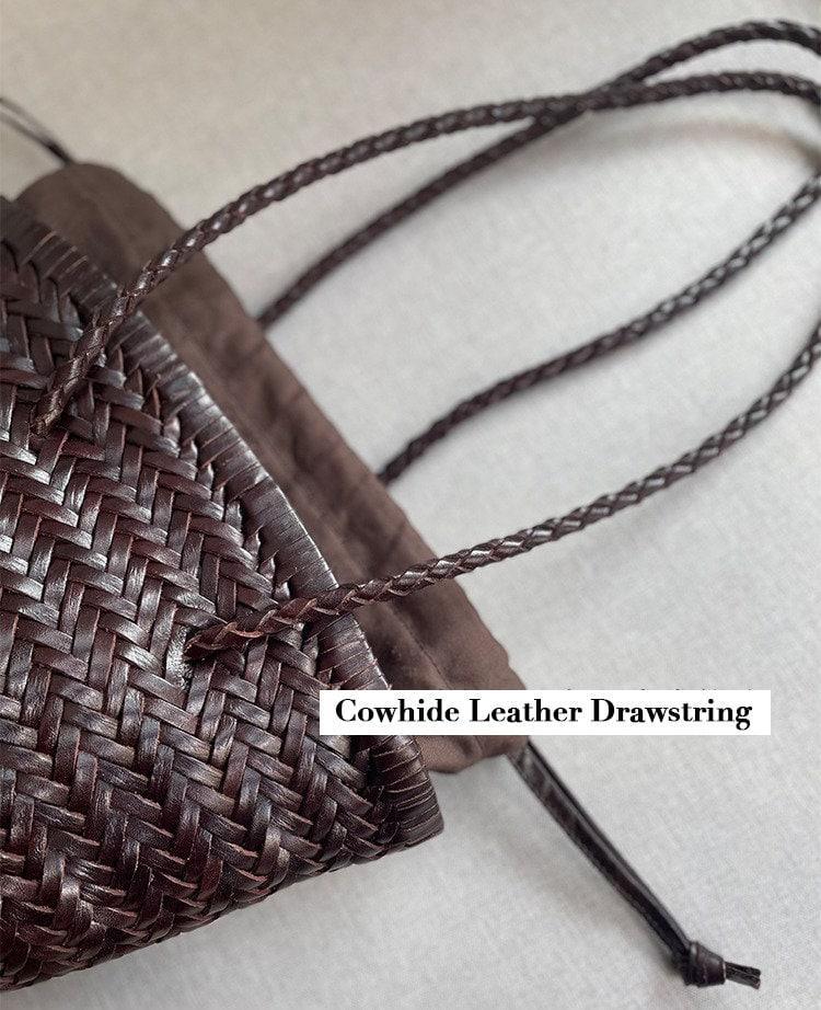 Hand-Woven Cowhide Leather Bucket Bag | Women's Braided Drawstring Basket Purse