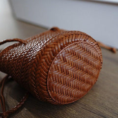 Cowhide Leather Hand Woven Bucket Bag, Open Rattan Woven Triple Jump Bamboo Ladies Hobo Holiday Bag, Weekend Basket Bag, Small Beach Bag