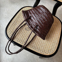 Cowhide Leather Hand Woven Bucket Bag, Open Rattan Woven Triple Jump Bamboo Ladies Hobo Holiday Bag, Weekend Basket Bag, Small Beach Bag, Coffee