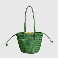 Cowhide Leather Hand Woven Bucket Bag, Open Rattan Woven Triple Jump Bamboo Ladies Hobo Holiday Bag, Weekend Basket Bag, Small Beach Bag, Green