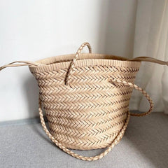 Cowhide Leather Hand Woven Bucket Bag, Open Rattan Woven Triple Jump Bamboo Ladies Hobo Holiday Bag, Weekend Basket Bag, Small Beach Bag, Natural