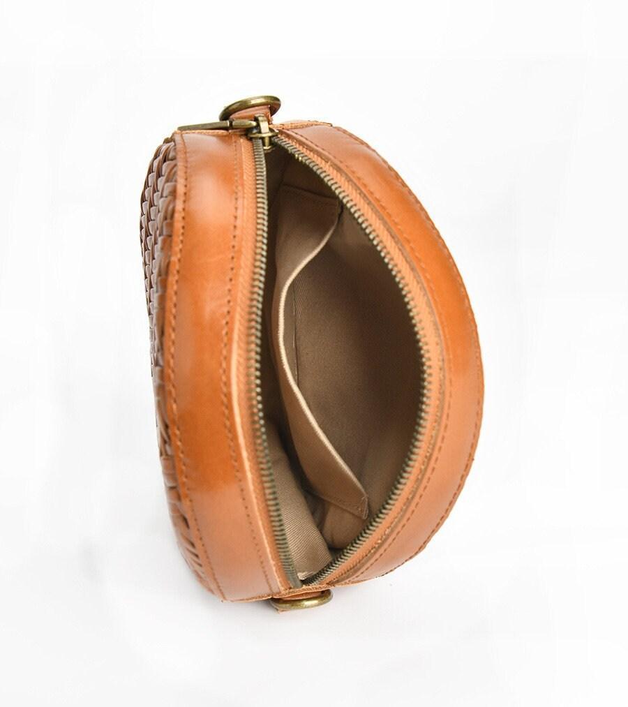 Cowhide Leather Woven Hobo Round Bag, Summer Beach Bag, Triple Jump Bamboo Shoulder Bag, Handcrafted Basket Round Crossbody Bag