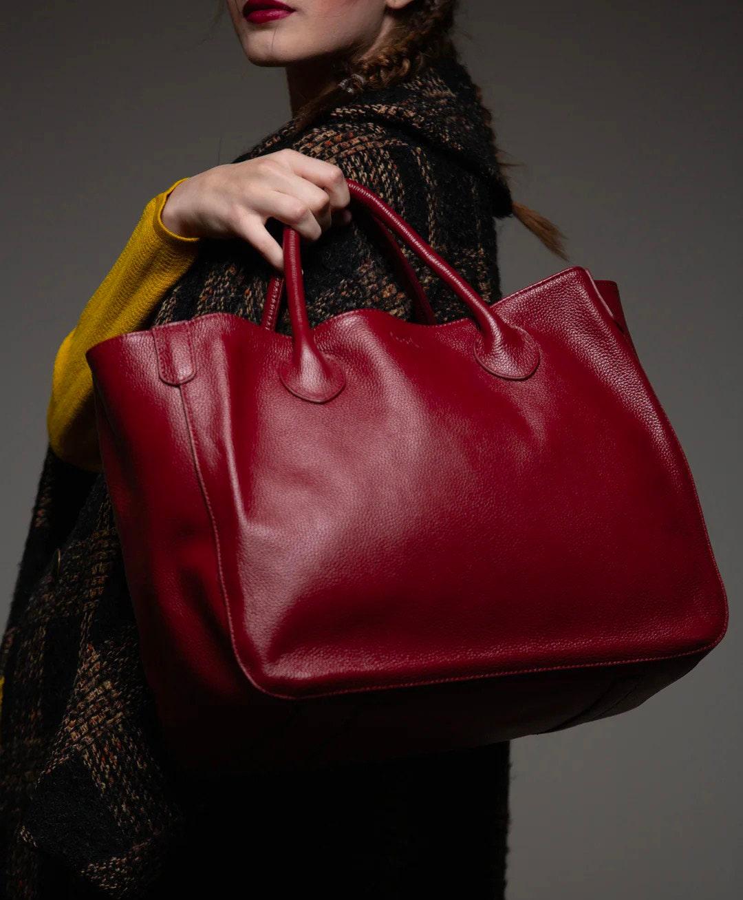Deep Red Large Leather Tote Bag, Cowhide Leather Bag, Lady Fashion Bag, Leather Weekend Bag, Women Must-Have Designer Bag, Traveling Bag
