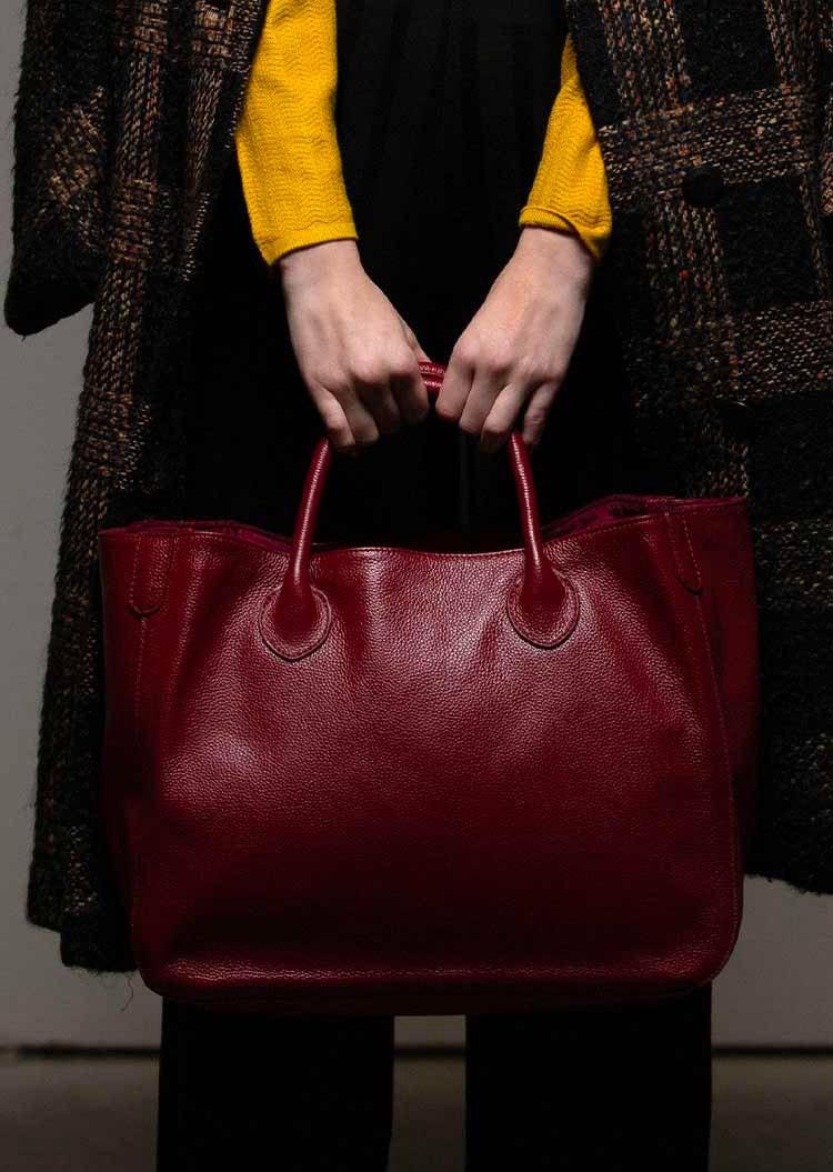 Deep Red Large Leather Tote Bag, Cowhide Leather Bag, Lady Fashion Bag, Leather Weekend Bag, Women Must-Have Designer Bag, Traveling Bag