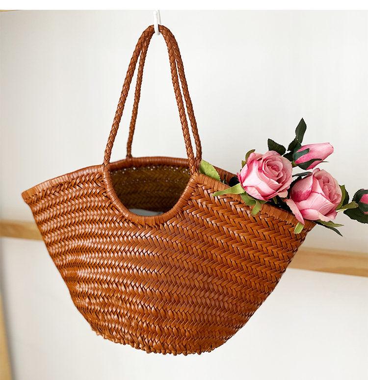 Fan-shaped Italy Leather interwoven Hobo Tote Bag, Full Grain Leather Triple Bamboo Bag, Summer Beach Bag, Handcrafted Designer Basket Bag, Tan