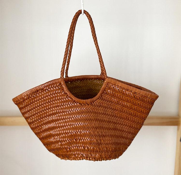 Fan-shaped Italy Leather interwoven Hobo Tote Bag, Full Grain Leather Triple Bamboo Bag, Summer Beach Bag, Handcrafted Designer Basket Bag, Tan