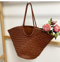 Fan-shaped Italy Leather interwoven Hobo Tote Bag, Full Grain Leather Triple Bamboo Bag, Summer Beach Bag, Handcrafted Designer Basket Bag, Dark Brown
