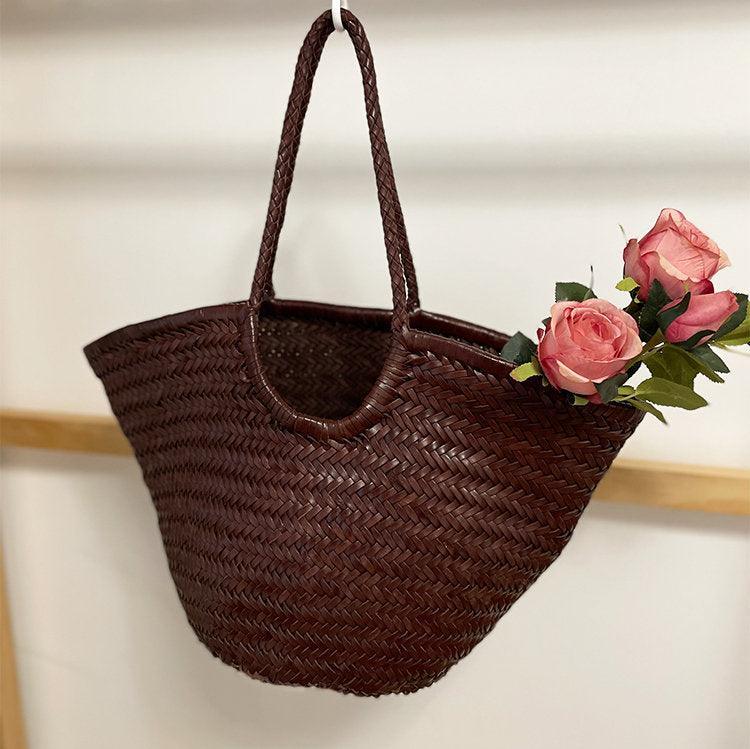 Fan-shaped Italy Leather interwoven Hobo Tote Bag, Full Grain Leather Triple Bamboo Bag, Summer Beach Bag, Handcrafted Designer Basket Bag, Coffee