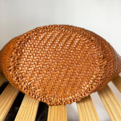 Fan-shaped Italy Leather interwoven Hobo Tote Bag, Full Grain Leather Triple Bamboo Bag, Summer Beach Bag, Handcrafted Designer Basket Bag