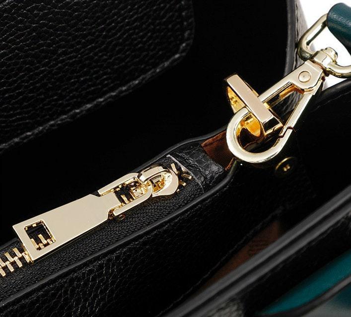 Fashion Leather Tote, Leather Shoulder Bag, Soft Leather Handbag, Birthday Gift for Her, Black and Green