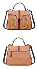Floral Embroidery Cowhide Leather Shoulder Bag, Fashion Hand-carved Flowers Leather bag, Handcrafted Leather Crossbody Bag