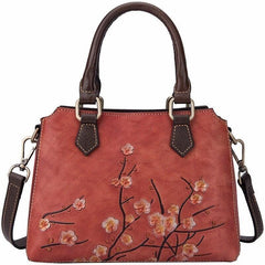 Floral Embroidery Cowhide Leather Shoulder Bag, Handcrafted Leather Crossbody Bag, Fashion Hand-carved Flowers Leather Bag