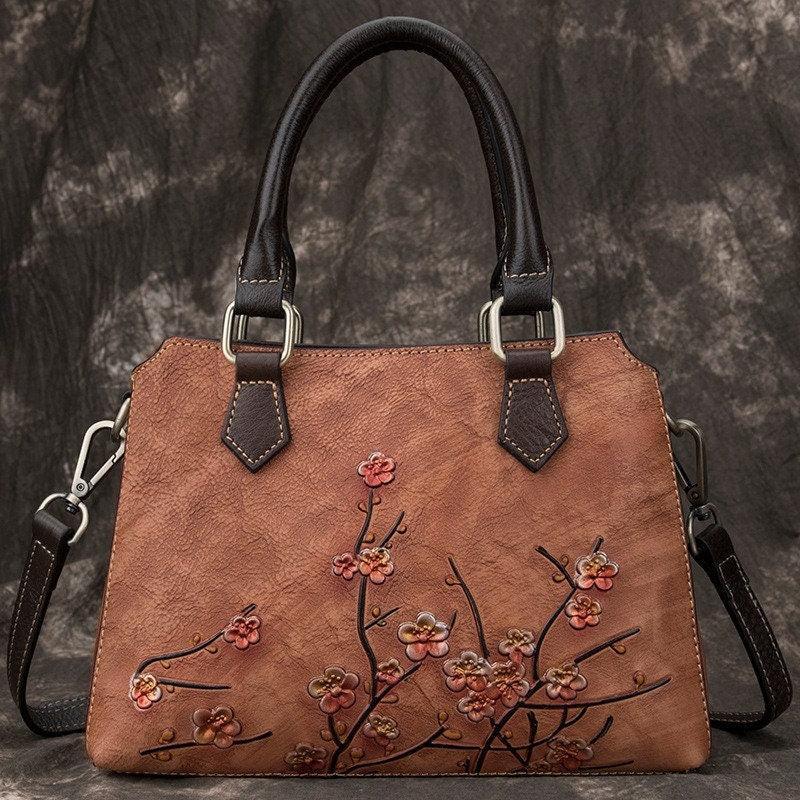 Floral Embroidery Cowhide Leather Shoulder Bag, Handcrafted Leather Crossbody Bag, Fashion Hand-carved Flowers Leather Bag