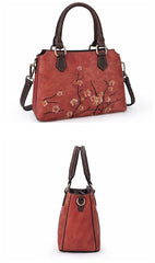 Floral Embroidery Cowhide Leather Shoulder Bag, Handcrafted Leather Crossbody Bag, Fashion Hand-carved Flowers Leather Bag