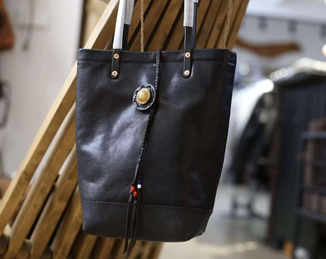 Full Grain Leather Bohemian Shoulder Bag Tote Bag Handmade Leather Bucket Bag, Ethnic Bag Women/Men Bag, Brown Black Leather Bag,