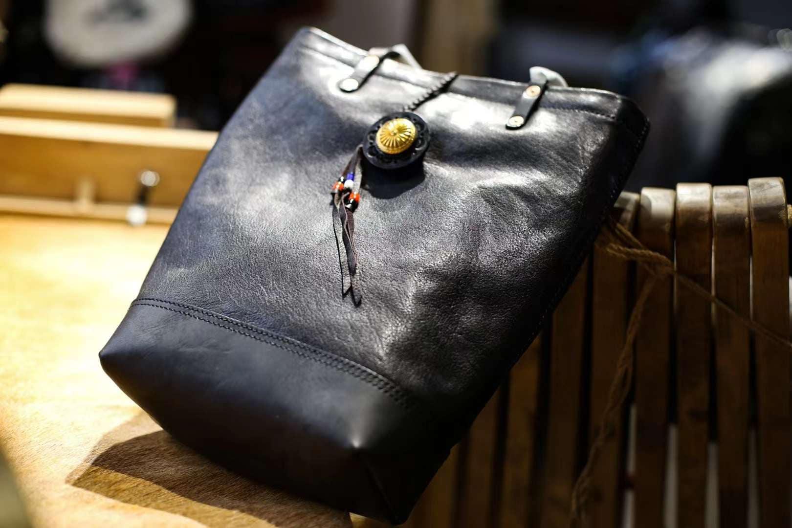 Full Grain Leather Bohemian Shoulder Bag Tote Bag Handmade Leather Bucket Bag, Ethnic Bag Women/Men Bag, Brown Black Leather Bag,