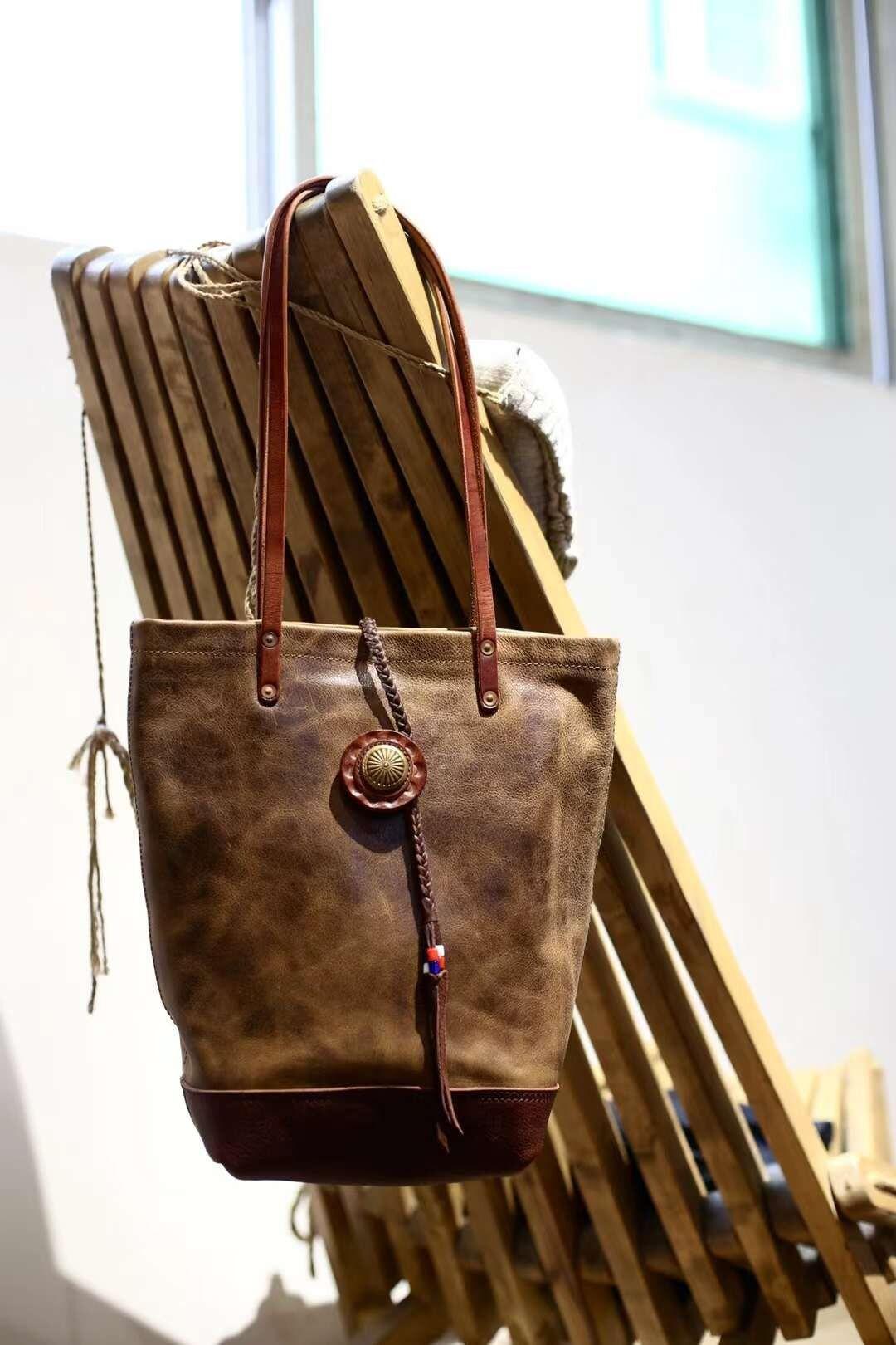 Full Grain Leather Bohemian Shoulder Bag Tote Bag Handmade Leather Bucket Bag, Ethnic Bag Women/Men Bag, Brown Black Leather Bag,