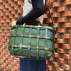Full Grain Leather Designer Handwoven Bag / Large Black, Green Hollow Out Cut Out Shoulder Bag, Crossbody Bag, Retro Briefcase