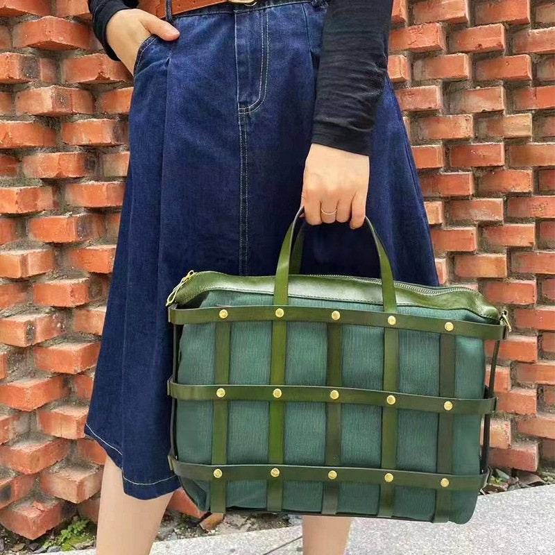 Full Grain Leather Designer Handwoven Bag / Large Black, Green Hollow Out Cut Out Shoulder Bag, Crossbody Bag, Retro Briefcase