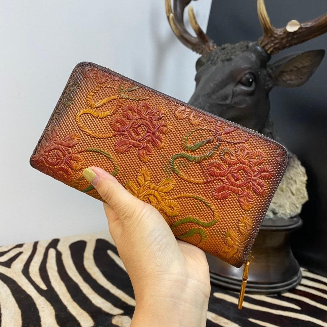 Full Grain Leather Embossed Wallet, Unique Flower Clutch, Mothers Day Gift, Long Wallet, Zipper Purse, Women Wallet Gift