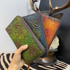 Full Grain Leather Embossed Wallet, Unique Flower Clutch, Mothers Day Gift, Long Wallet, Zipper Purse, Women Wallet Gift