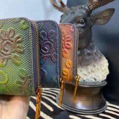 Full Grain Leather Embossed Wallet, Unique Flower Clutch, Mothers Day Gift, Long Wallet, Zipper Purse, Women Wallet Gift