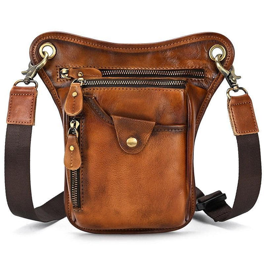 Full Grain Leather Leg Bag, Foraging Pouch, Leather Motorcycle Waist Bag, Male Knight Bull Head Bag, Crazy Horse Leather Bag for Men Women, Tan