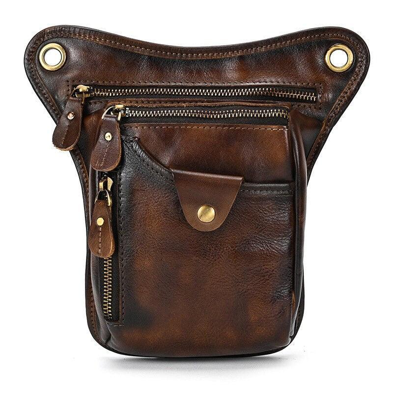 Full Grain Leather Leg Bag, Foraging Pouch, Leather Motorcycle Waist Bag, Male Knight Bull Head Bag, Crazy Horse Leather Bag for Men Women, Coffee