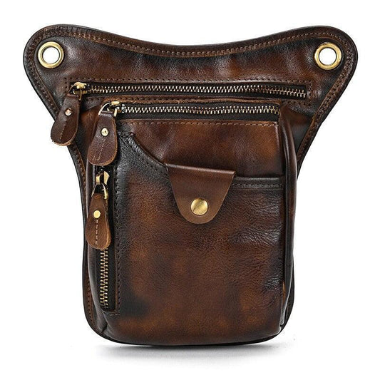 Full Grain Leather Leg Bag, Foraging Pouch, Leather Motorcycle Waist Bag, Male Knight Bull Head Bag, Crazy Horse Leather Bag for Men Women, Coffee
