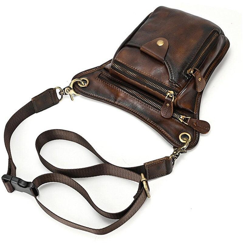 Full Grain Leather Leg Bag, Foraging Pouch, Leather Motorcycle Waist Bag, Male Knight Bull Head Bag, Crazy Horse Leather Bag for Men Women, Coffee