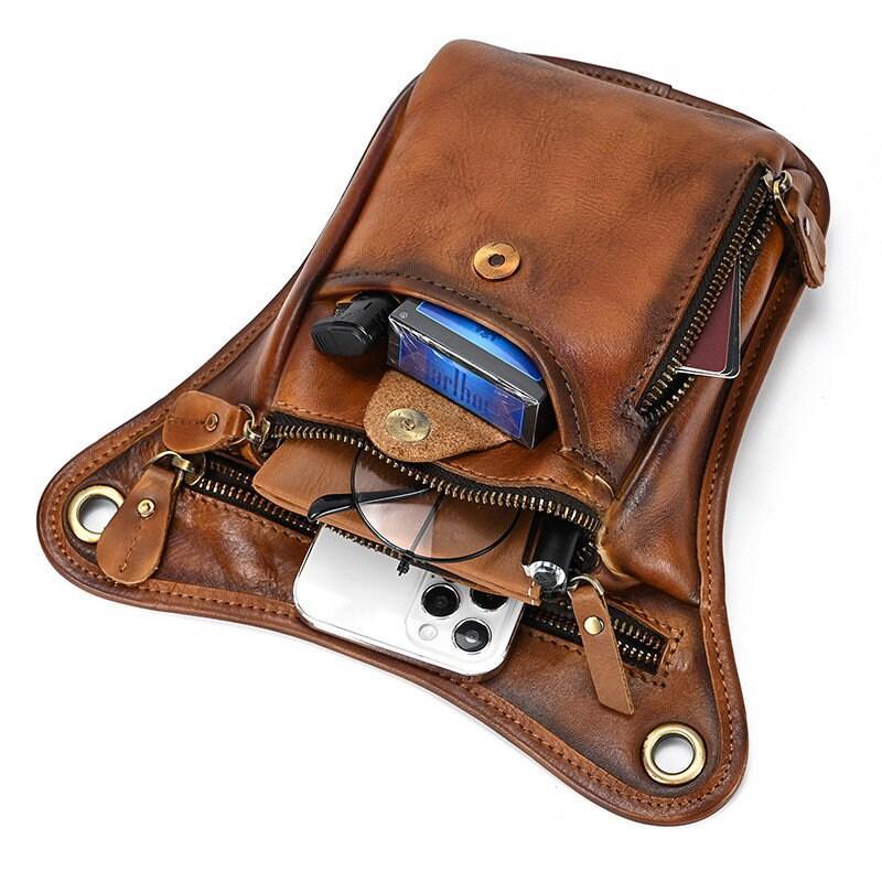 Full Grain Leather Leg Bag, Foraging Pouch, Leather Motorcycle Waist Bag, Male Knight Bull Head Bag, Crazy Horse Leather Bag for Men Women, Tan