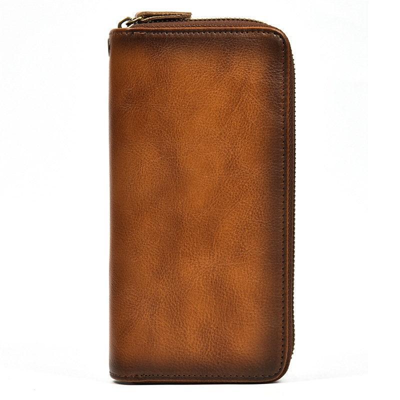 Full Grain Leather Long Wallet, Mens Zipper Wallet, Women Bifold Wallet, Heavy Duty Double-Layer Cowhide Tall Wallet, Fathers Gift for Him