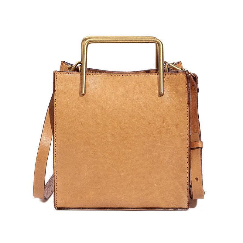 Tan genuine cowhide leather shoulder bag with gold metal handle and crossbody strap