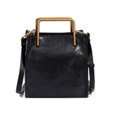 Black genuine cowhide leather shoulder bag with square gold metal handles and adjustable strap