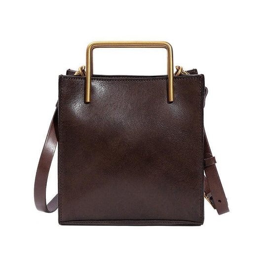 Dark brown genuine cowhide leather handbag with gold handles and shoulder strap