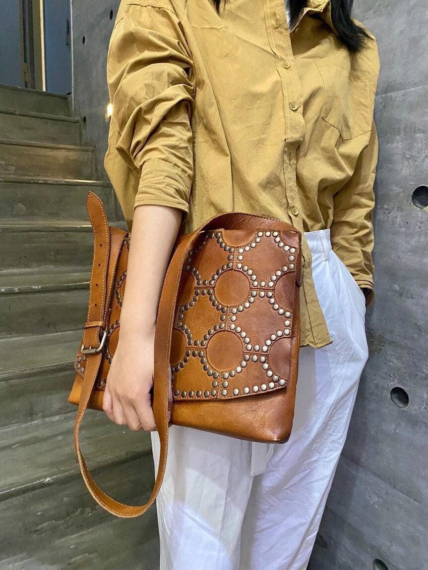 Genuine Italy Cowhide Leather Shoulder Bag with Rivets, Tan Studded Leather Crossbody, Luxurious Handcrafted bag, Polka Dot Envelope Bag