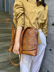 Genuine Italy Cowhide Leather Shoulder Bag with Rivets, Tan Studded Leather Crossbody, Luxurious Handcrafted bag, Polka Dot Envelope Bag