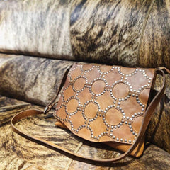 Genuine Italy Cowhide Leather Shoulder Bag with Rivets, Tan Studded Leather Crossbody, Luxurious Handcrafted bag, Polka Dot Envelope Bag