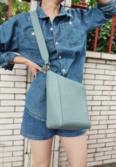 Genuine Leather Bucket Shoulder Bag, Classic Fashion Designer Shoulder Bag Leather Strap, Minimalist Leather Tote Bag, Gift For Her, Light Blue