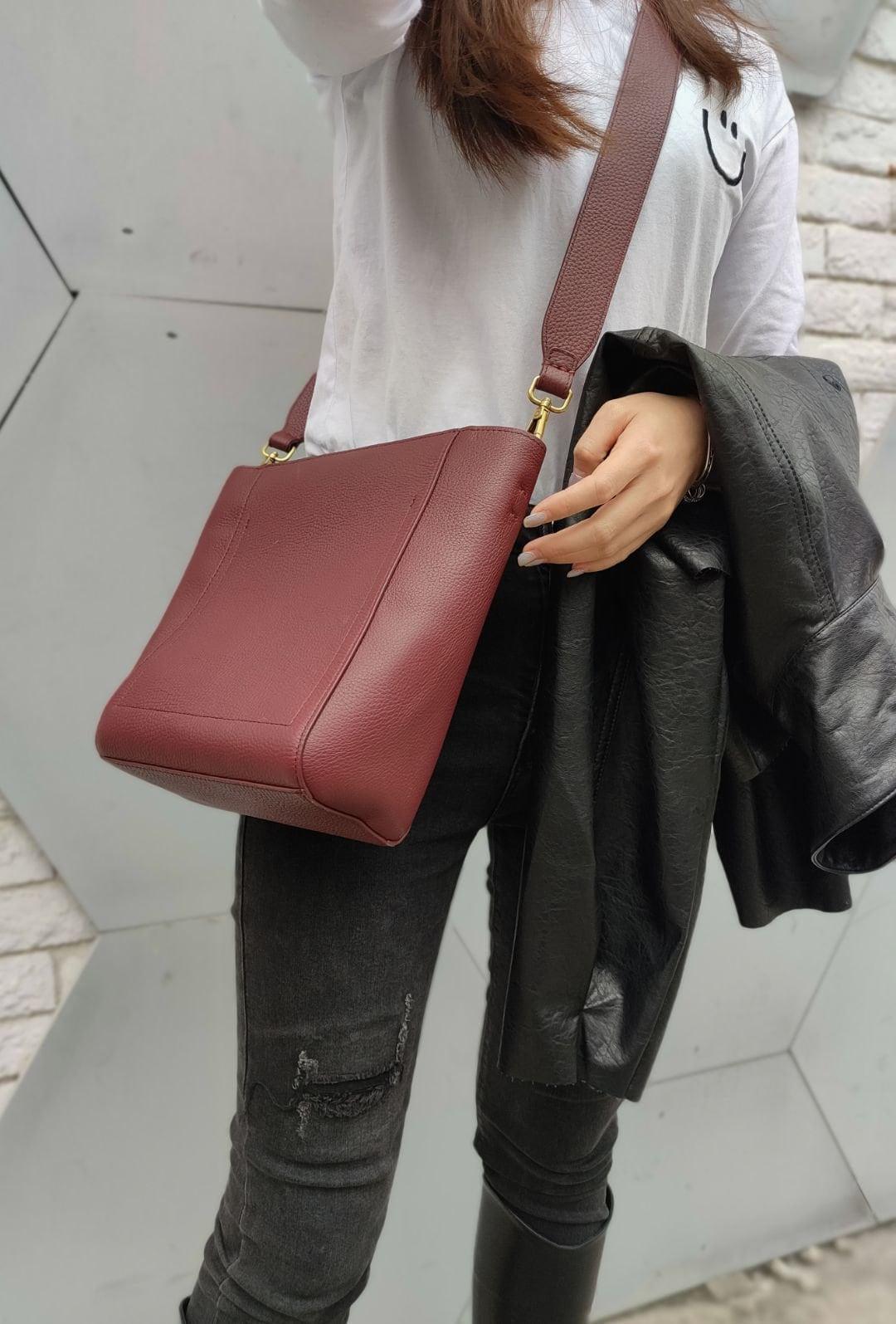 Genuine Leather Bucket Shoulder Bag, Classic Fashion Designer Shoulder Bag Leather Strap, Minimalist Leather Tote Bag, Gift For Her, Wine