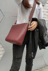 Genuine Leather Bucket Shoulder Bag, Classic Fashion Designer Shoulder Bag Leather Strap, Minimalist Leather Tote Bag, Gift For Her, Wine