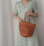 Genuine Leather Hand Woven Cuboid Shaped Ladies TOTE Bag, Open Rattan Woven Triple Jump Bamboo Ladies Hobo Holiday Bag, Weekend Basket Bag