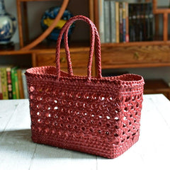 Genuine Leather Hand Woven Cuboid Shaped Ladies TOTE Bag, Open Rattan Woven Triple Jump Bamboo Ladies Hobo Holiday Bag, Weekend Basket Bag, Red