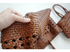 Genuine Leather Hand Woven Cuboid Shaped Ladies TOTE Bag, Open Rattan Woven Triple Jump Bamboo Ladies Hobo Holiday Bag, Weekend Basket Bag