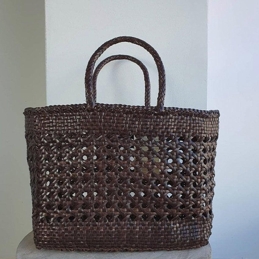 Genuine Leather Hand Woven Cuboid Shaped Ladies TOTE Bag, Open Rattan Woven Triple Jump Bamboo Ladies Hobo Holiday Bag, Weekend Basket Bag