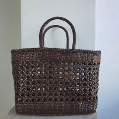 Genuine Leather Hand Woven Cuboid Shaped Ladies TOTE Bag, Open Rattan Woven Triple Jump Bamboo Ladies Hobo Holiday Bag, Weekend Basket Bag