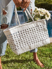 Genuine Leather Hand Woven Cuboid Shaped Ladies TOTE Bag, Open Rattan Woven Triple Jump Bamboo Ladies Hobo Holiday Bag, Weekend Basket Bag, White